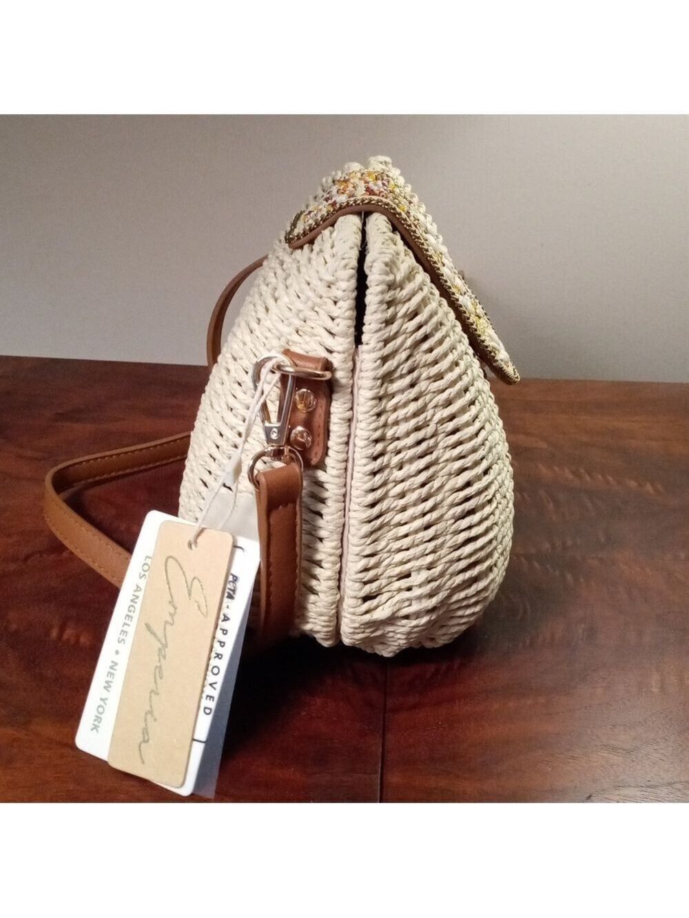 NWT Emperia Natural Straw And Vegan Leather Crossbody Bag With Beaded Accents - Picture 5 of 12